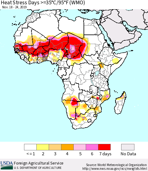 Africa Heat Stress Days >=35°C/95°F (WMO) Thematic Map For 11/18/2019 - 11/24/2019