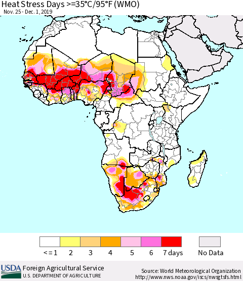 Africa Heat Stress Days >=35°C/95°F (WMO) Thematic Map For 11/25/2019 - 12/1/2019