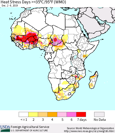 Africa Heat Stress Days >=35°C/95°F (WMO) Thematic Map For 12/2/2019 - 12/8/2019
