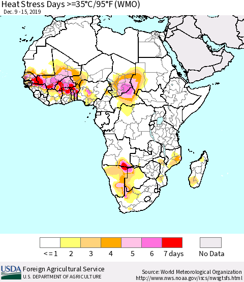 Africa Heat Stress Days >=35°C/95°F (WMO) Thematic Map For 12/9/2019 - 12/15/2019