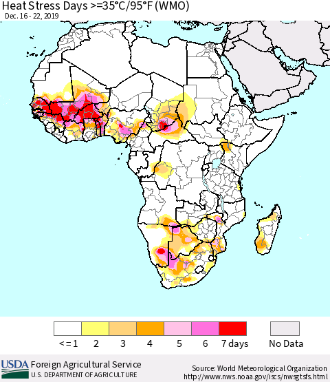 Africa Heat Stress Days >=35°C/95°F (WMO) Thematic Map For 12/16/2019 - 12/22/2019