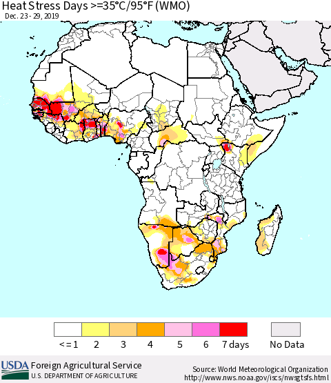 Africa Heat Stress Days >=35°C/95°F (WMO) Thematic Map For 12/23/2019 - 12/29/2019