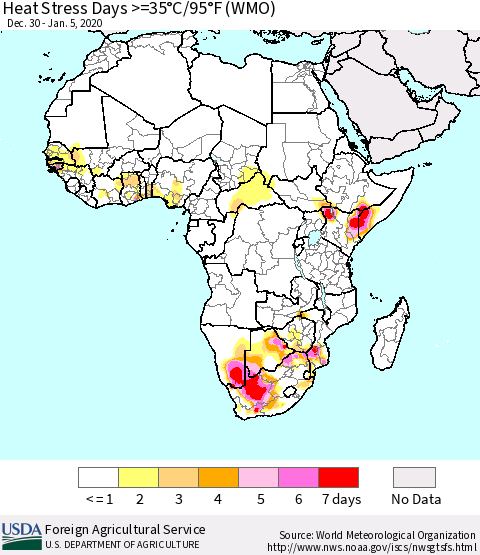 Africa Heat Stress Days >=35°C/95°F (WMO) Thematic Map For 12/30/2019 - 1/5/2020