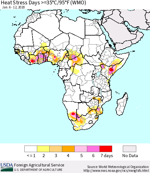 Africa Heat Stress Days >=35°C/95°F (WMO) Thematic Map For 1/6/2020 - 1/12/2020