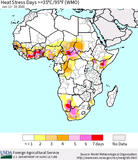 Africa Heat Stress Days >=35°C/95°F (WMO) Thematic Map For 1/13/2020 - 1/19/2020