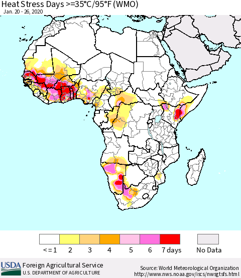 Africa Heat Stress Days >=35°C/95°F (WMO) Thematic Map For 1/20/2020 - 1/26/2020