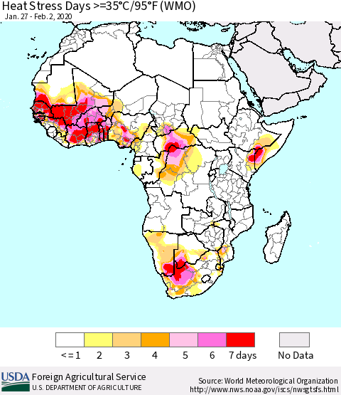 Africa Heat Stress Days >=35°C/95°F (WMO) Thematic Map For 1/27/2020 - 2/2/2020