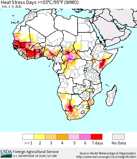 Africa Heat Stress Days >=35°C/95°F (WMO) Thematic Map For 2/3/2020 - 2/9/2020