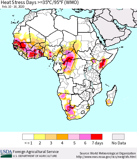 Africa Heat Stress Days >=35°C/95°F (WMO) Thematic Map For 2/10/2020 - 2/16/2020
