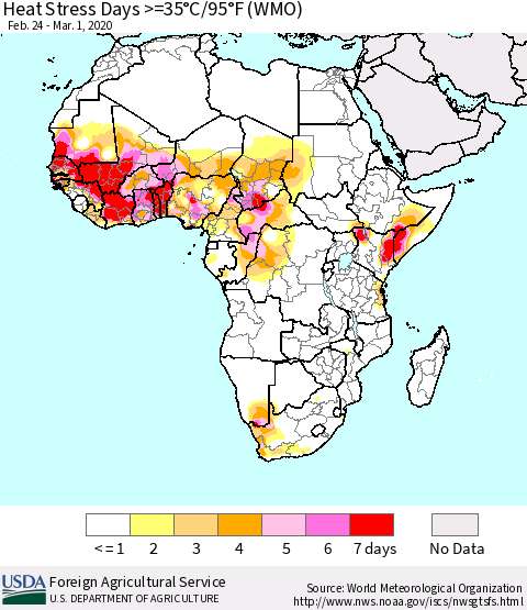 Africa Heat Stress Days >=35°C/95°F (WMO) Thematic Map For 2/24/2020 - 3/1/2020