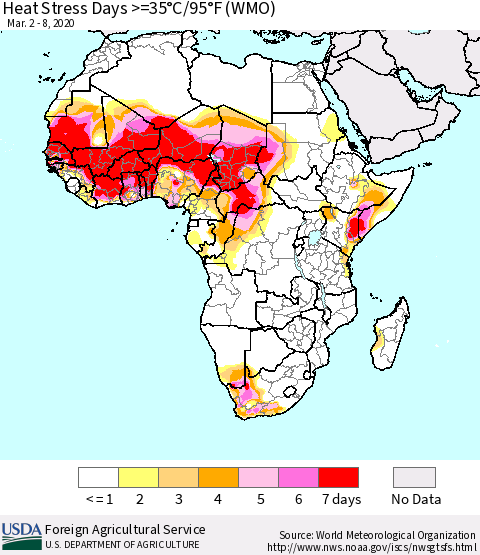 Africa Heat Stress Days >=35°C/95°F (WMO) Thematic Map For 3/2/2020 - 3/8/2020
