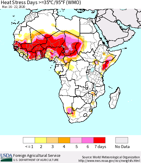 Africa Heat Stress Days >=35°C/95°F (WMO) Thematic Map For 3/16/2020 - 3/22/2020