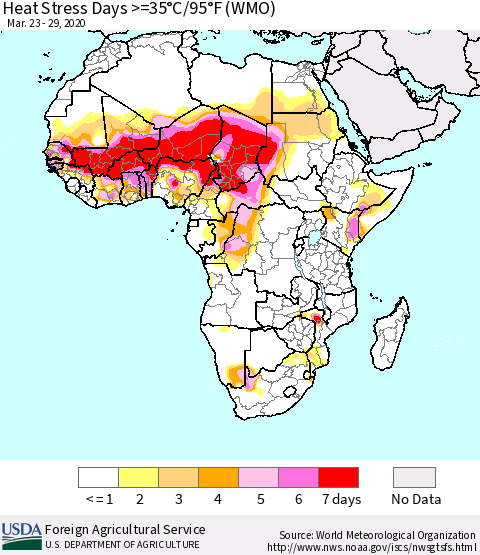 Africa Heat Stress Days >=35°C/95°F (WMO) Thematic Map For 3/23/2020 - 3/29/2020