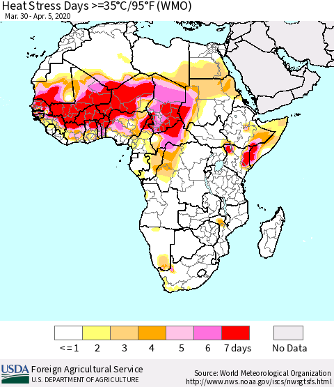 Africa Heat Stress Days >=35°C/95°F (WMO) Thematic Map For 3/30/2020 - 4/5/2020