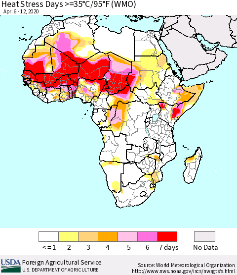 Africa Heat Stress Days >=35°C/95°F (WMO) Thematic Map For 4/6/2020 - 4/12/2020