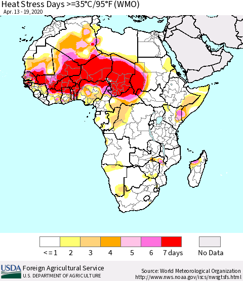Africa Heat Stress Days >=35°C/95°F (WMO) Thematic Map For 4/13/2020 - 4/19/2020
