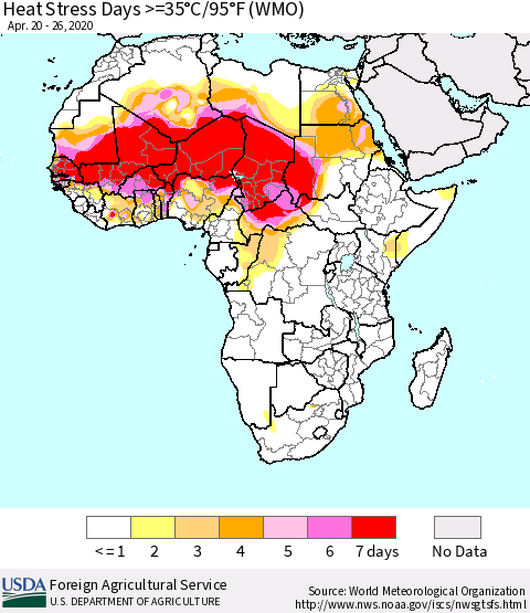 Africa Heat Stress Days >=35°C/95°F (WMO) Thematic Map For 4/20/2020 - 4/26/2020