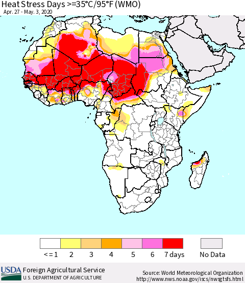 Africa Heat Stress Days >=35°C/95°F (WMO) Thematic Map For 4/27/2020 - 5/3/2020