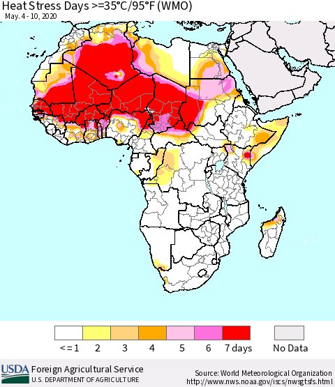 Africa Heat Stress Days >=35°C/95°F (WMO) Thematic Map For 5/4/2020 - 5/10/2020
