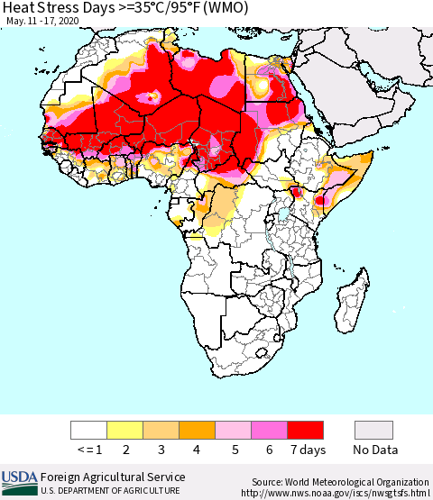Africa Heat Stress Days >=35°C/95°F (WMO) Thematic Map For 5/11/2020 - 5/17/2020