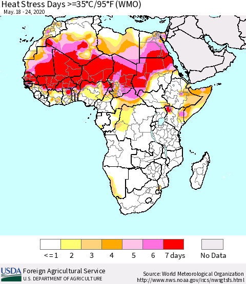 Africa Heat Stress Days >=35°C/95°F (WMO) Thematic Map For 5/18/2020 - 5/24/2020
