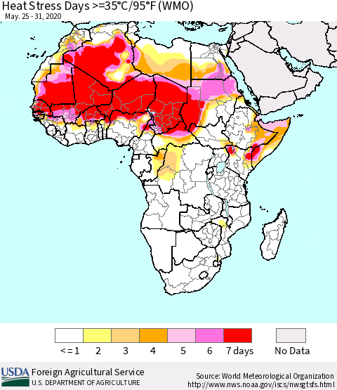 Africa Heat Stress Days >=35°C/95°F (WMO) Thematic Map For 5/25/2020 - 5/31/2020