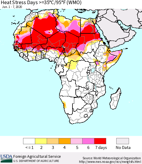 Africa Heat Stress Days >=35°C/95°F (WMO) Thematic Map For 6/1/2020 - 6/7/2020