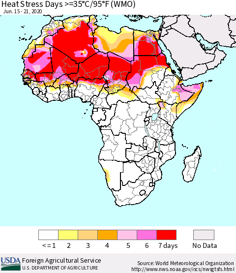 Africa Heat Stress Days >=35°C/95°F (WMO) Thematic Map For 6/15/2020 - 6/21/2020