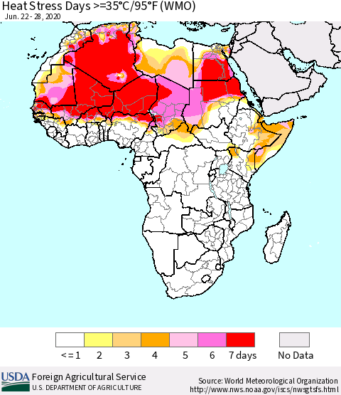 Africa Heat Stress Days >=35°C/95°F (WMO) Thematic Map For 6/22/2020 - 6/28/2020