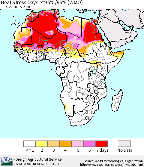 Africa Heat Stress Days >=35°C/95°F (WMO) Thematic Map For 6/29/2020 - 7/5/2020