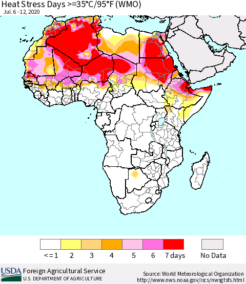 Africa Heat Stress Days >=35°C/95°F (WMO) Thematic Map For 7/6/2020 - 7/12/2020