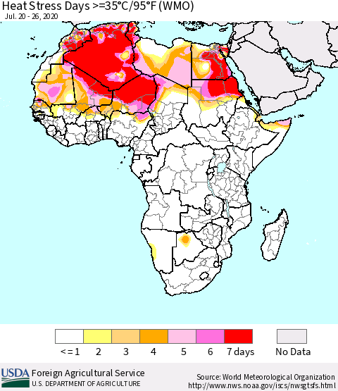 Africa Heat Stress Days >=35°C/95°F (WMO) Thematic Map For 7/20/2020 - 7/26/2020