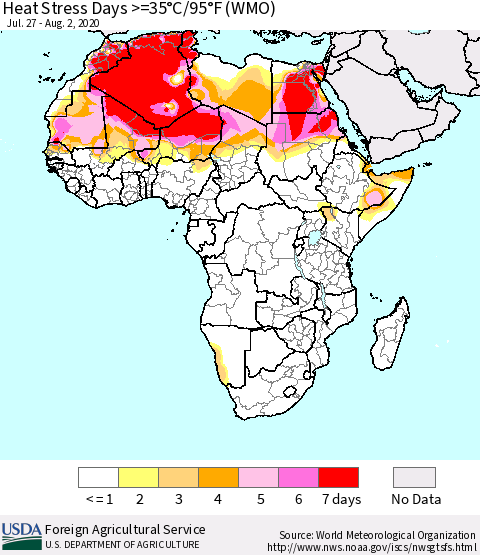 Africa Heat Stress Days >=35°C/95°F (WMO) Thematic Map For 7/27/2020 - 8/2/2020