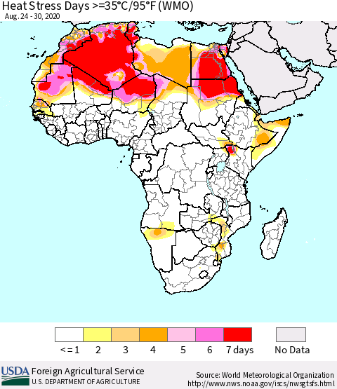 Africa Heat Stress Days >=35°C/95°F (WMO) Thematic Map For 8/24/2020 - 8/30/2020