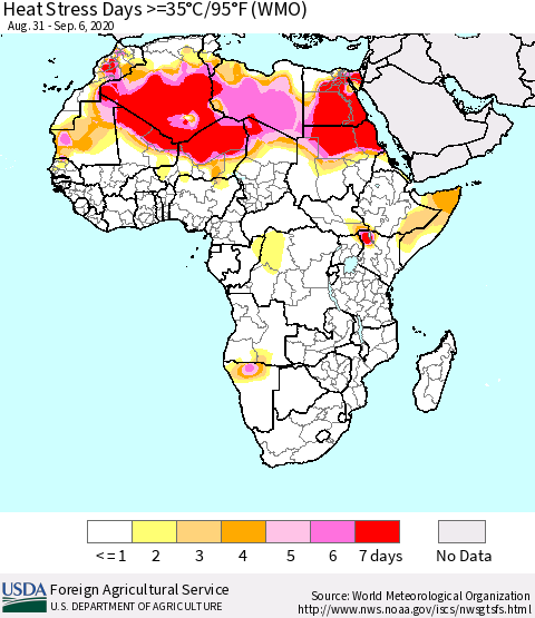 Africa Heat Stress Days >=35°C/95°F (WMO) Thematic Map For 8/31/2020 - 9/6/2020