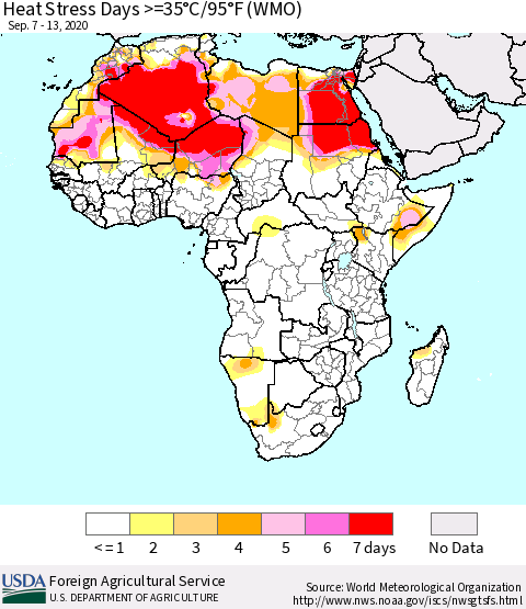 Africa Heat Stress Days >=35°C/95°F (WMO) Thematic Map For 9/7/2020 - 9/13/2020