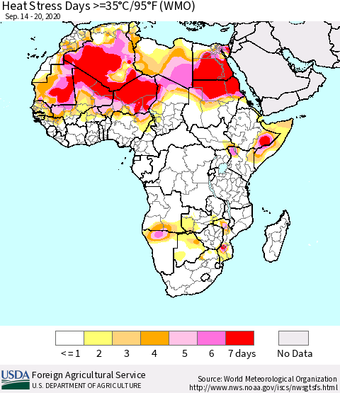 Africa Heat Stress Days >=35°C/95°F (WMO) Thematic Map For 9/14/2020 - 9/20/2020