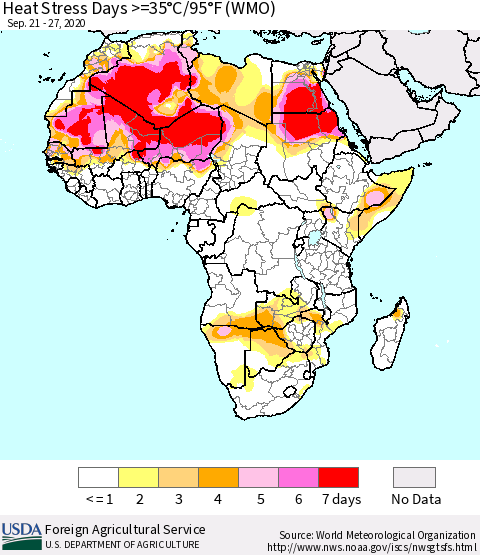 Africa Heat Stress Days >=35°C/95°F (WMO) Thematic Map For 9/21/2020 - 9/27/2020