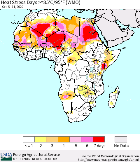 Africa Heat Stress Days >=35°C/95°F (WMO) Thematic Map For 10/5/2020 - 10/11/2020