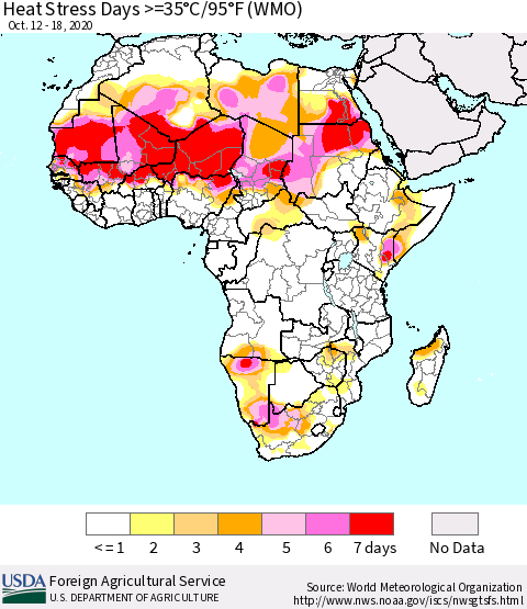 Africa Heat Stress Days >=35°C/95°F (WMO) Thematic Map For 10/12/2020 - 10/18/2020