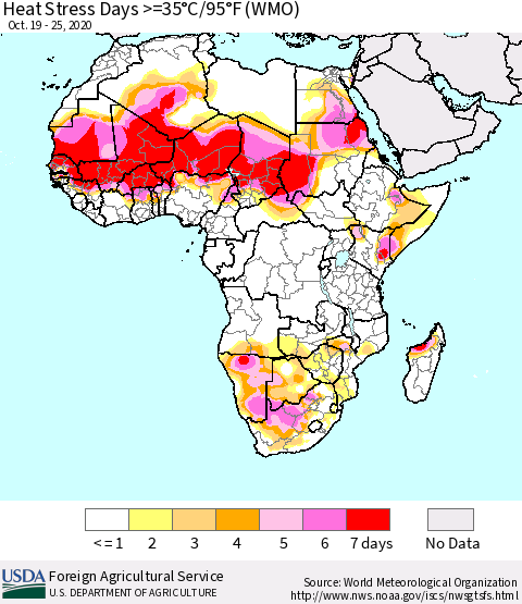 Africa Heat Stress Days >=35°C/95°F (WMO) Thematic Map For 10/19/2020 - 10/25/2020