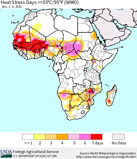 Africa Heat Stress Days >=35°C/95°F (WMO) Thematic Map For 11/2/2020 - 11/8/2020