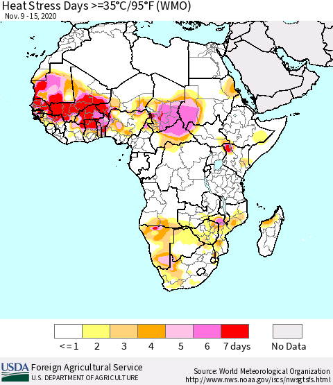 Africa Heat Stress Days >=35°C/95°F (WMO) Thematic Map For 11/9/2020 - 11/15/2020