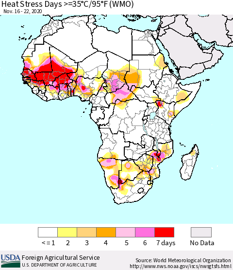 Africa Heat Stress Days >=35°C/95°F (WMO) Thematic Map For 11/16/2020 - 11/22/2020