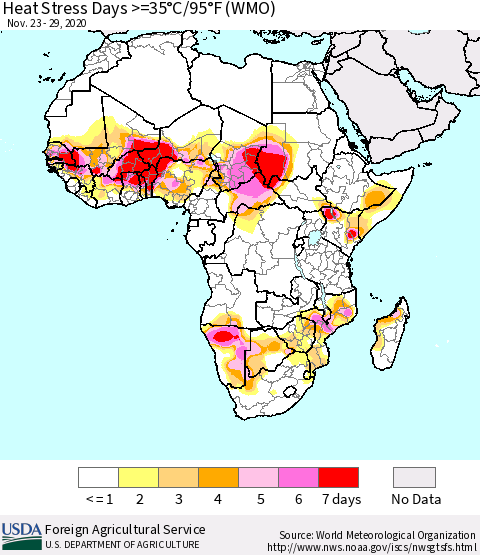 Africa Heat Stress Days >=35°C/95°F (WMO) Thematic Map For 11/23/2020 - 11/29/2020