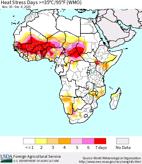 Africa Heat Stress Days >=35°C/95°F (WMO) Thematic Map For 11/30/2020 - 12/6/2020