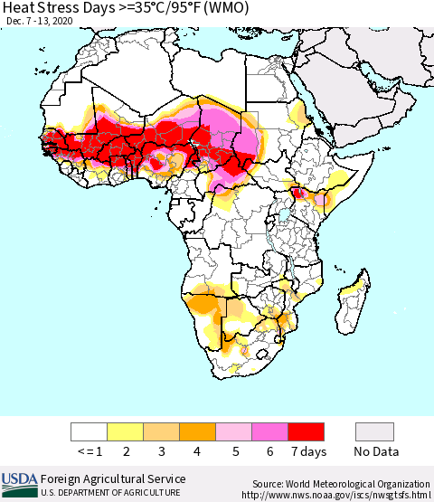 Africa Heat Stress Days >=35°C/95°F (WMO) Thematic Map For 12/7/2020 - 12/13/2020
