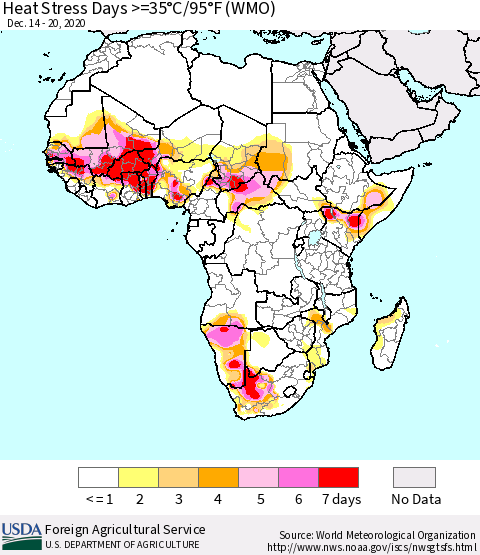Africa Heat Stress Days >=35°C/95°F (WMO) Thematic Map For 12/14/2020 - 12/20/2020