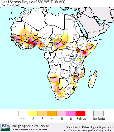 Africa Heat Stress Days >=35°C/95°F (WMO) Thematic Map For 12/21/2020 - 12/27/2020