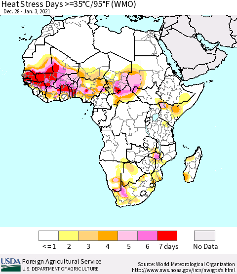 Africa Heat Stress Days >=35°C/95°F (WMO) Thematic Map For 12/28/2020 - 1/3/2021